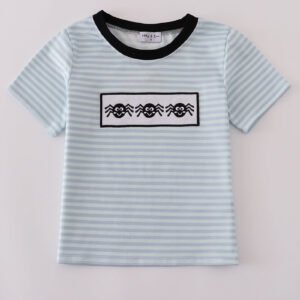 Blue Halloween spider embroidery stripe top