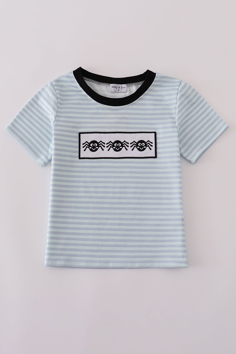 Blue Halloween spider embroidery stripe top