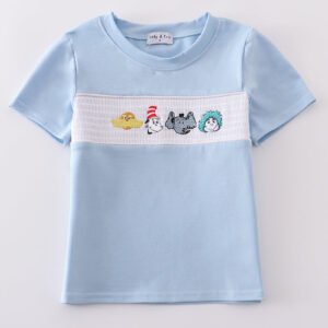 Blue Dr. Seuss embroidery smocked top