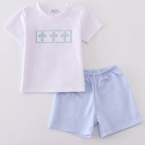 Blue cross embroider smocked set