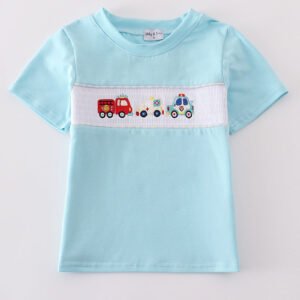 Blue fire truck police car embroidery smocked top