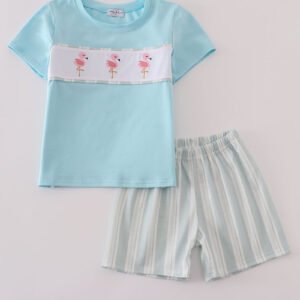 Blue flamingo embroidery short set