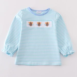Premium Green stripe turkey embroidery girl top