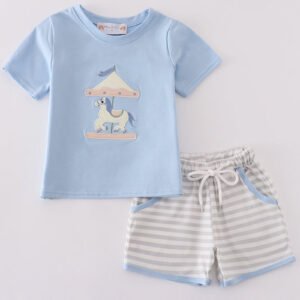 Blue carousel applique boy set