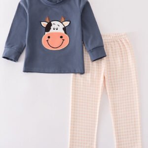 Blue cow applique boy set
