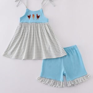 Blue farm chicken embroidery short set