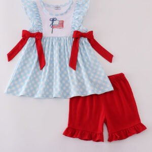 Blue flag embroidery bow gingham ruffle shorts set