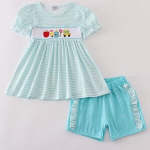 Blue apple pencil bus embroidery smocked shorts set