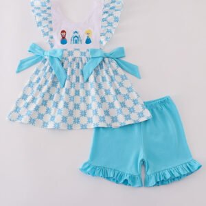 Blue character embroidery bow ruffle shorts set