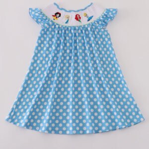 Blue dot character embroidery smocked dress