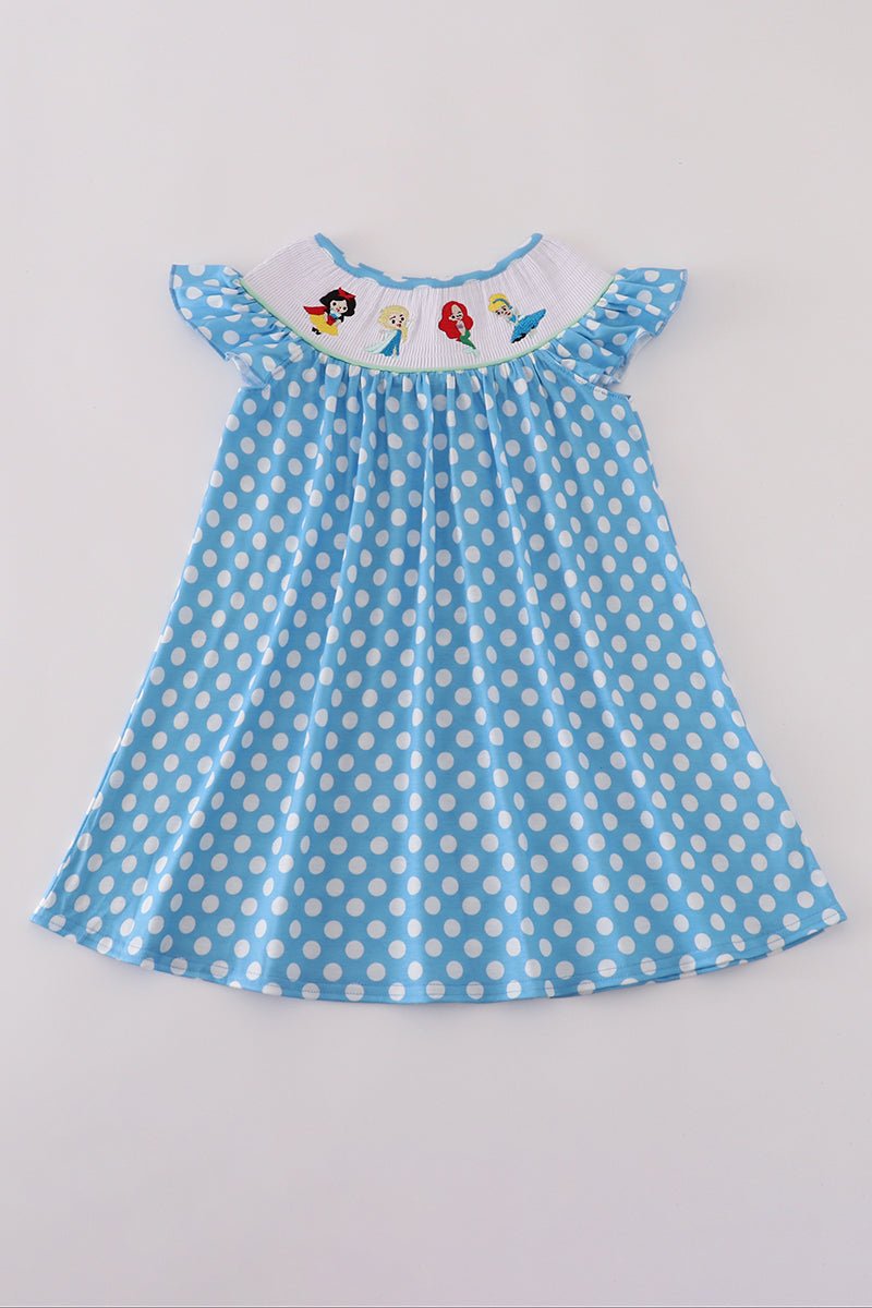 Blue dot character embroidery smocked dress