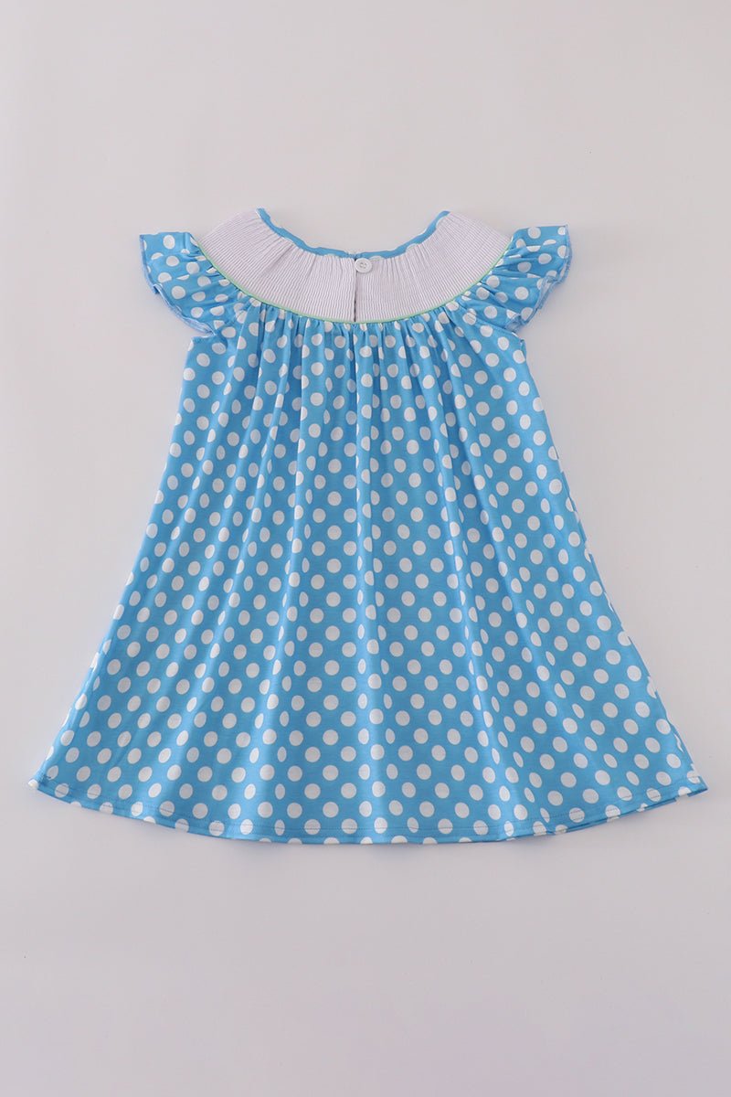 Blue dot character embroidery smocked dress - Image 4
