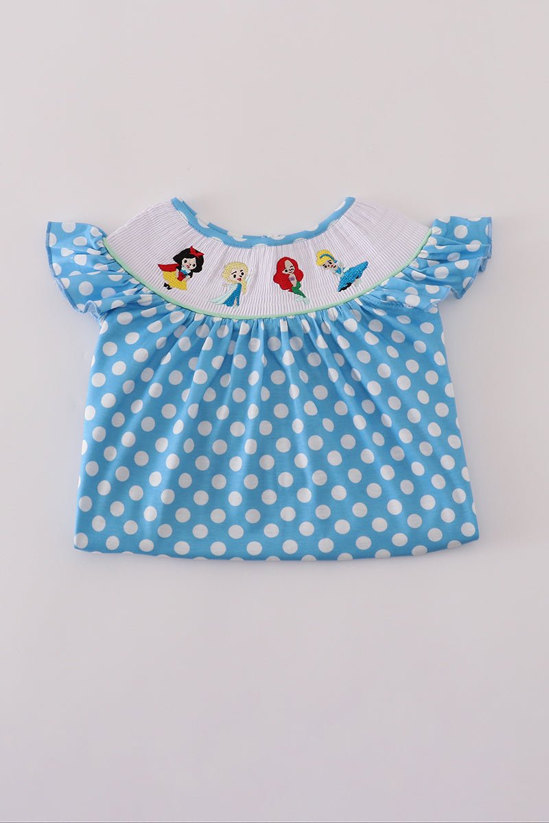 Blue dot character embroidery smocked dress - Image 5