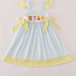 Blue character embroidery gingham ruffle dress