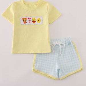 Blue character embroidery gingham shorts set
