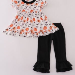 Black pumpkin print ruffle pants set