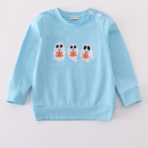 Blue ghost pumpkin embroidery top