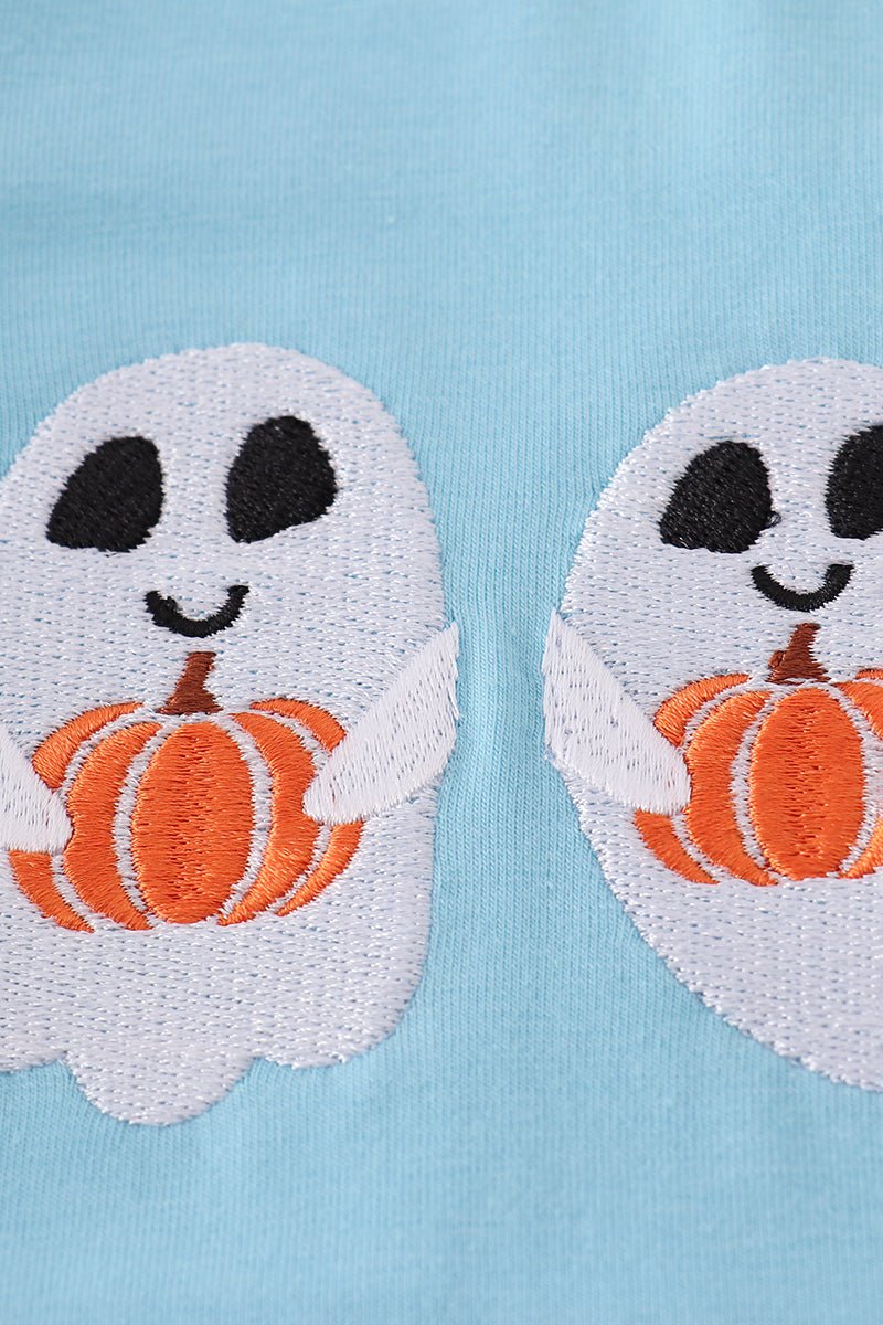 Blue ghost pumpkin embroidery top - Image 2