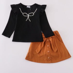 Black pearl bow corduroy skorts set